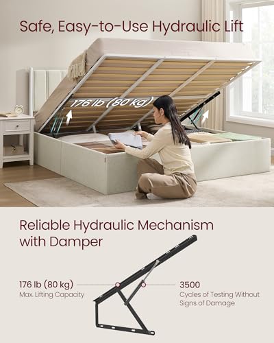 VASAGLE Lift Up Storage Bed Frame, King Size, Upholstered Headboard, view 6