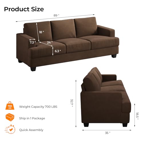 89 Inch Sofa with Extra Deep Seats Oversize, 3 Seater Sofa for Living Room, Modern Couch and Sofa, Comfy Armrests and Seats and Backrests, Easy Installation, Corduroy Fabric Brown