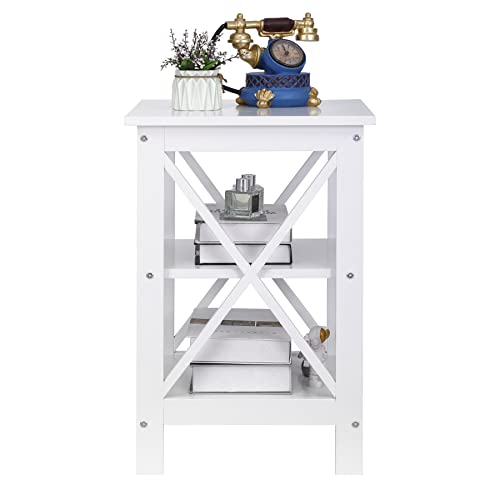 End Table, Sofa Side End Storage Shelf, Versatile X-Design Wooden Side Table, Living Room, Bedroom, Office Furniture, White