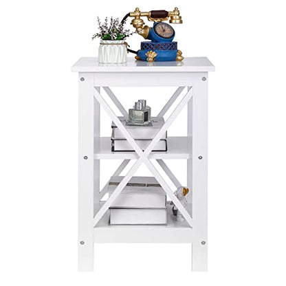 End Table, Sofa Side End Storage Shelf, Versatile X-Design Wooden Side Table, Living Room, Bedroom, Office Furniture, White