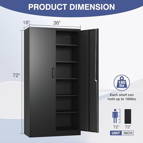 72" Tall Metal Storage Cabinet with Lock, Garage Cabinet with 2 Locking Doors and 5 Adjustable Shelves,Steel Locking Cabinets for Garage,Home Office,Kitchen,School,Warehouse(Black)