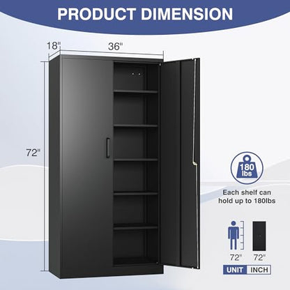 72" Tall Metal Storage Cabinet with Lock, Garage Cabinet with 2 Locking Doors and 5 Adjustable Shelves,Steel Locking Cabinets for Garage,Home Office,Kitchen,School,Warehouse(Black)