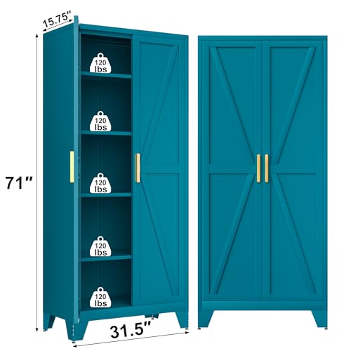 71H Tall Metal Storage Cabinet with 2 Doors and 5 Shelves, Farmhouse Storage Cabinet with Barn Doors, Pantry Storage for Home, Office, Bathroom, Dining Room, Kitchen (Blue)
