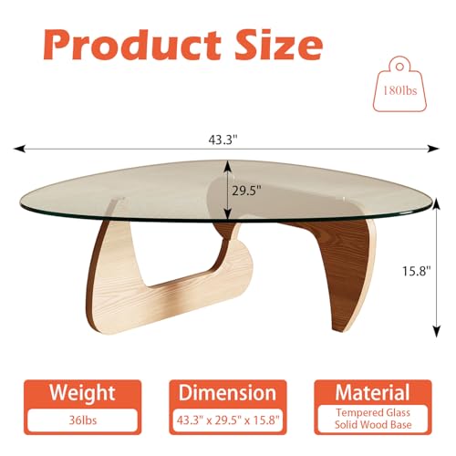 Modern Coffee Table for Living Room and Small Spaces, 43.3" x 29.5" x 15.8" Triangle Tempered Glass Table Top and Eco-Friendly Solid Wood Base, Natural Wood