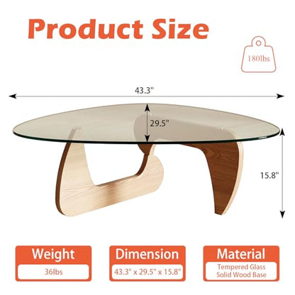 Modern Coffee Table for Living Room and Small Spaces, 43.3" x 29.5" x 15.8" Triangle Tempered Glass Table Top and Eco-Friendly Solid Wood Base, Natural Wood