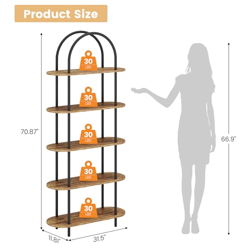 71" Arched Bookshelf 5 Tier Bookcase Open Bookshelf with Metal Frame Plant Stand Freestanding Display Rack Tall Shelving for Bedroom Living Room Home Office Bathroom Black + Retro Color