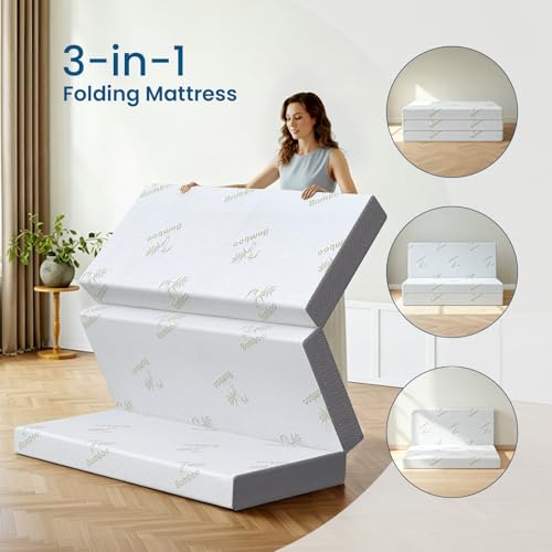 Trifold Mattress Queen Size, 6 Inch, Portable Folding Mattress with Memory Foam, Removable Washable Cover, Foldable Floor Guest Bed for Yoga Mat, Camping, RV Trips & Murphy Bed (78" x 58" x 6")