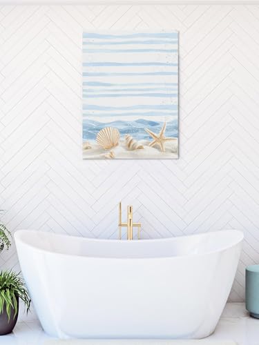 NuYeBiofx Summer Beach Shell Starfish Conch Canvas Wall Art Prints,30"x20" Framed Picture Artwork Seaside Ocean Wave Blue Line Printed Canvas Oil Painting for Living Room Bedroom Office,Ready to Hang