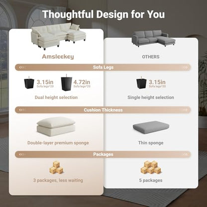 Modular Sectional Sofa, 111.5" U-Shaped Chenille Comfy Sectional Couches for Living Room, 3-Seater Cloud Couches with 2 Movable Ottomans, Flexible Combination Modern Deep Seat Sofa (Beige)