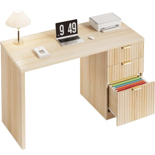 DLisiting Fluted Desk with File Drawers, 47 Inch, Light Natural Oak, view 4