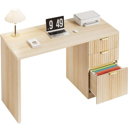 DLisiting Fluted Desk with File Drawers, 47 Inch, Light Natural Oak, view 4