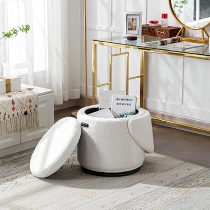 Modern Swivel Ottoman Vanity Chair, Sherpa Upholstered Barrel Club Chairs 360°Degree Swivel Side Chair with Storage, Comfy Makeup Stool for Bedroom Living Room, White