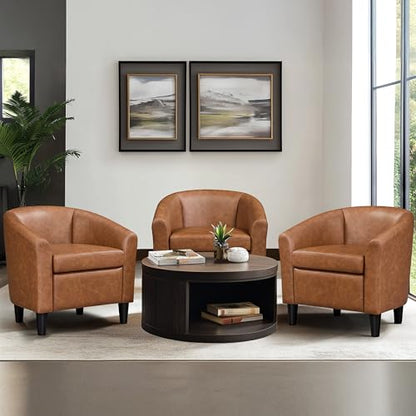 Leather Accent Chair, PU Leather Modern Barrel Chair Club Armchair with Soft Padded for Living Room Bedroom, Brown, Set of 2