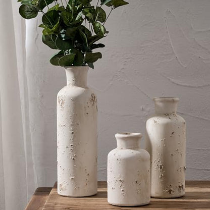Ceramic Rustic Farmhouse Vase Set of 3, Whitewashed Terracotta Vase, Clay Decorative Vases for Home Decor, Living Room, Shelf, Mantel Decoration(Rustic White)