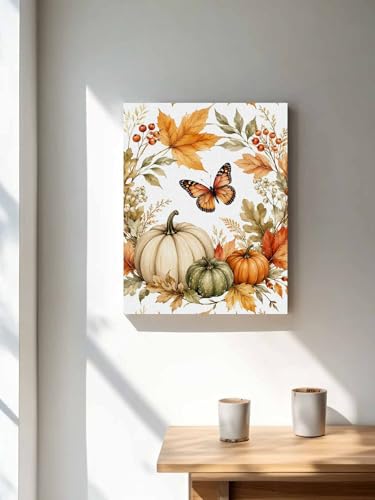 NuYeBiofx Fall Thanksgiving Pumpkin Berry Canvas Wall Art Prints,30"x20" Framed Picture Artwork Autumn Maple Leaves Butterfly Printed Canvas Oil Painting for Living Room Bedroom Office,Ready to Hang