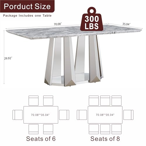 Marble Dining Table for 6 People, 70'' Rectangle Faux Marble Dining Table with Mirrored Stainless Steel Base, Large Size Marble Kitchen Table (Silver,Grey)(only Table)