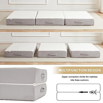 Folding Mattress, 6 Inch Memory Foam Tri-fold Mattress with Breathable & Washable Bamboo Fiber Fabric Cover, Foldable Floor Guest Bed for Camping, Road Trip, Twin