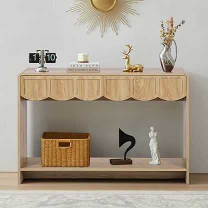 Console Table with Drawers, Mid-Century 43 Inches Narrow Entryway Table with Open Storage Shelves, Hallway Accent Tables Behind Couch Tables for Living Room - Natural