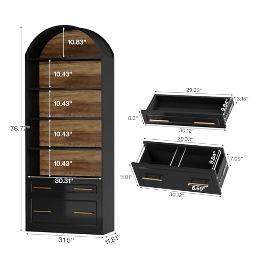 76.8" Tall Arched 5-Tier Bookcase, Black, view 3