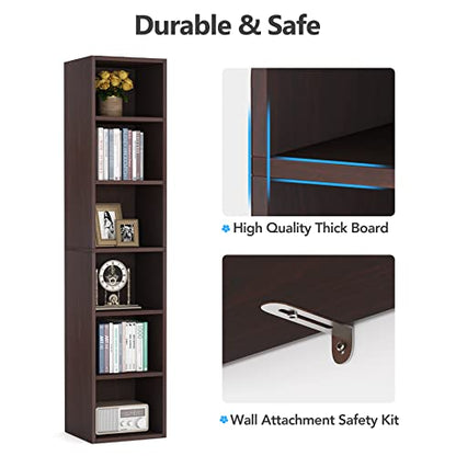 70.9 Inch Tall Narrow Bookcase, Corner Bookshelf 6 Tier Cube Display Shelf Storage Organizer for Small Space, Brown
