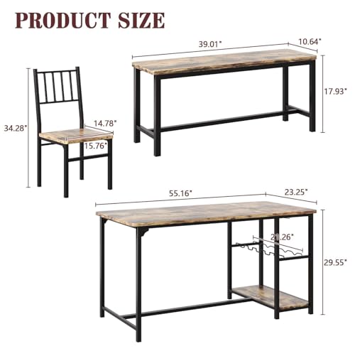 Dining Table Set for 4 with Bench, 55" Kitchen Table and Chairs Set with Wine Rack, Glass Holder & Storage Shelves, Space Saving Dining Room Table Set for Small Kitchen, Apartment, Rustic Brown