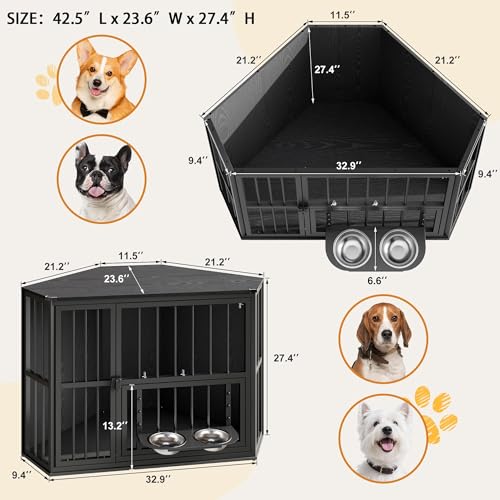 Corner Dog Crate Furniture for Small Dogs, Indoor Kennel End Table, Black, view 3