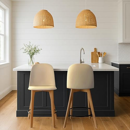 Set of 2 Counter Height Barstools | Mid Century Modern Molded Plastic Seat | Solid Wood Legs with Round Metal Footrest | Kitchen Island Bar Chair | Non-Slip Feet, Beige