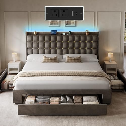 King Size Bed Frame with 3 Storage Drawers and RGB LED Lights, view 5