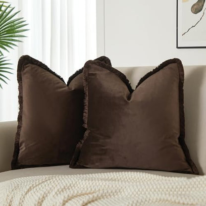 Coffee Velvet Throw Pillow Covers 18x18 Inch Set of 2 with Soft Tassel Fringe Luxury Boho Pillowcase for Sofa Couch Bed Home Decor Machine Washable