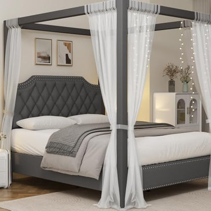 Upholstered Canopy Bed Queen Size with Button Tufted headboard, view 5