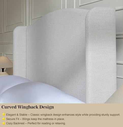 Queen Size Upholstered Platform Bed Frame with 54" Tall Wingback Headboard, view 7