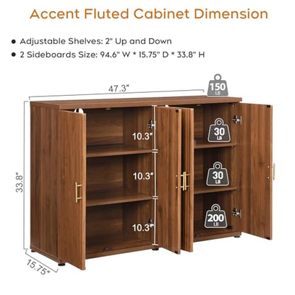 Walnut Accent Fluted Sideboard Buffet Cabinet with Storage and 4 Doors, view 3