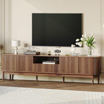86.6'' Fluted TV Stand for 75/80/85 Inch TVs, Mid Century Modern Entertainment Center with Large Storage Space & Open Shelves, Walnut TV Console with Sliding Doors for Living Room