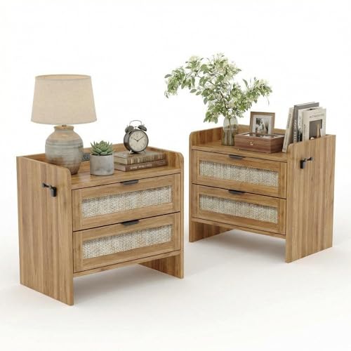 GAOMON Rattan Nightstand Set of 2, Modern Bedside Table with Type-c Charging, 2 Drawer Storage for Bedroom, Office & Living Room，Oak