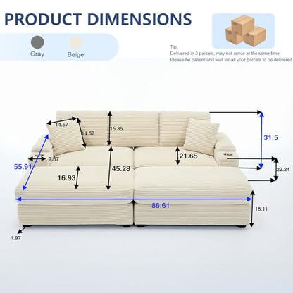 86.6" Sectional Sofa Couch with 2 Ottomans, Comfy Corduroy Upholstered Cloud Modular Convertible Couch with Cup Holders and USB, Armrest Storage, Deep Seat Oversized Loveseat for Living Room, Beige