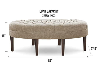 Martin Oval Surfboard Tufted Cocktail Ottoman Soft Fabric, All Foam, Wood Frame Modern Coffee Table Living Room Lounge Furniture, Linen, 48"W x 27.5"D x 18"H