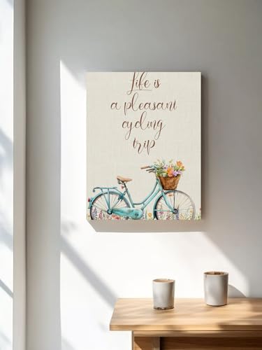 NuYeBiofx Life Is An Enjoyable Cycling Trip Canvas Wall Art Prints,30"x20" Framed Picture Artwork Bike Flowers Printed Canvas Oil Painting for Living Room Bedroom Office,Ready to Hang