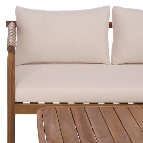 SAFAVIEH Outdoor Patio Furniture Collection - Sabrina Teak Brown & Cream Bench and Table Set, Solid Wood with Rope Detailing, Modern Coastal Style (PAT6810A)