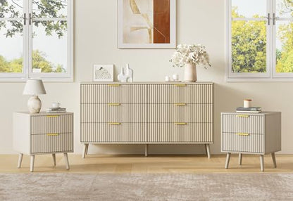 Fluted Dresser and Nightstand Set, 3 Pieces Bedroom Set, 55 Inch Wide 6-Drawer Dresser & 2-Drawer Nightstands Set of 2, Modern Dressers Set for Bedroom, Hallway, Beige