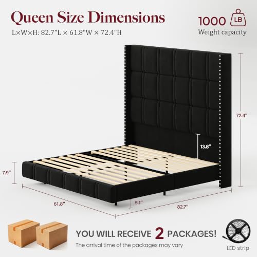 Queen Floating Bed Frame with 72.44" Extra-Tall Headboard, Black, view 3