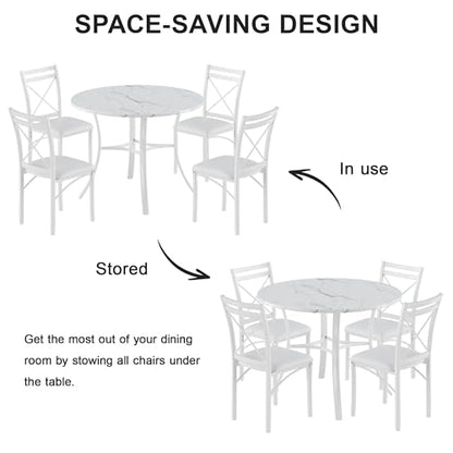 5 Piece Dining Table Set for 4 with Chairs, Faux Marble Tabletop, Small Space, Kitchen, Breakfast Nook, White
