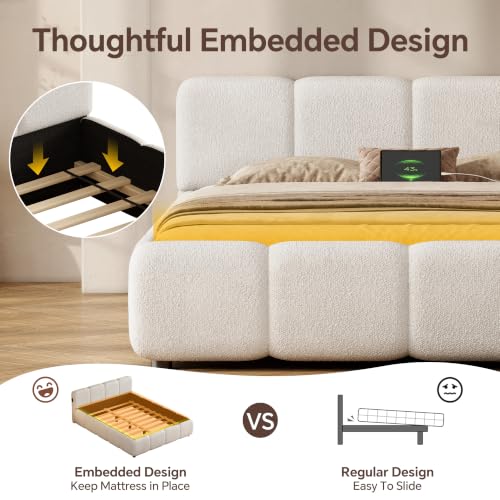 Queen Size Cloud Boucle Upholstered Platform Bed Frame w/USB Ports, view 6