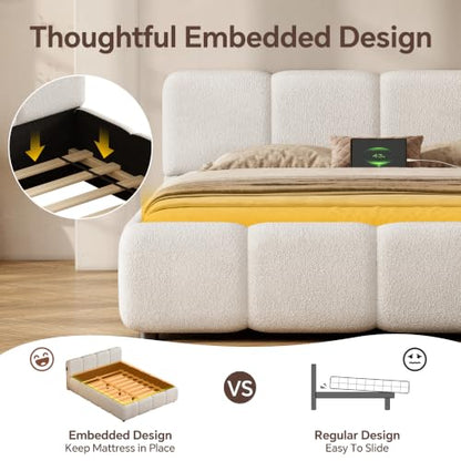 Queen Size Cloud Boucle Upholstered Platform Bed Frame w/USB Ports, view 6