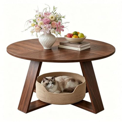 Round Coffee Table for Living Room, Circle Modern Coffee Table with Open Storage & Cross Base, Walnut Wooden Grain Accent Center Table for Small Space, Office, Apartment, Rustic Brown