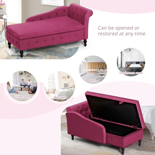Velvet Chaise Lounge w/Right Armrest & Storage Space, Fuchsia, view 7