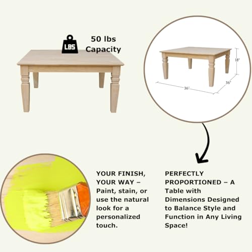International Concepts, 18"H Java Square Coffee Table, Farmhouse, Living Room Furniture, Sturdy Solid Parawood, Paint or Stain in Any Color, Easy Assembly, Unfinished