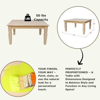 International Concepts, 18"H Java Square Coffee Table, Farmhouse, Living Room Furniture, Sturdy Solid Parawood, Paint or Stain in Any Color, Easy Assembly, Unfinished