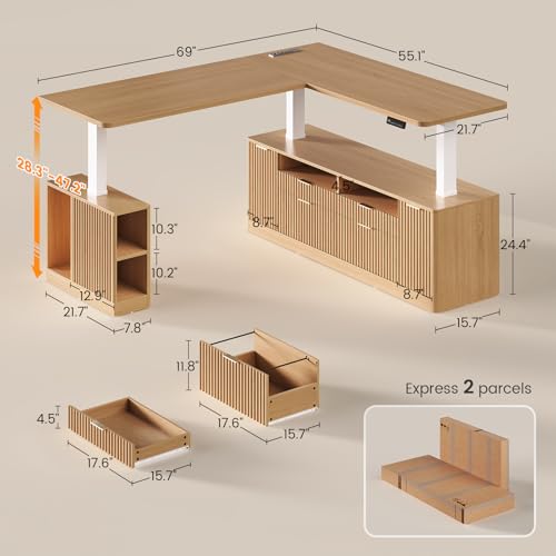Fluted L Shaped Executive Electric Standing Desk with 4 Drawers, view 3