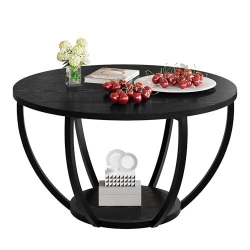 Round Coffee Table,Wooden 2-Tier Circle Coffee Tables with Storage Shelves,Accent Center Table for Living Room, Sofa Table for Home Office, Black