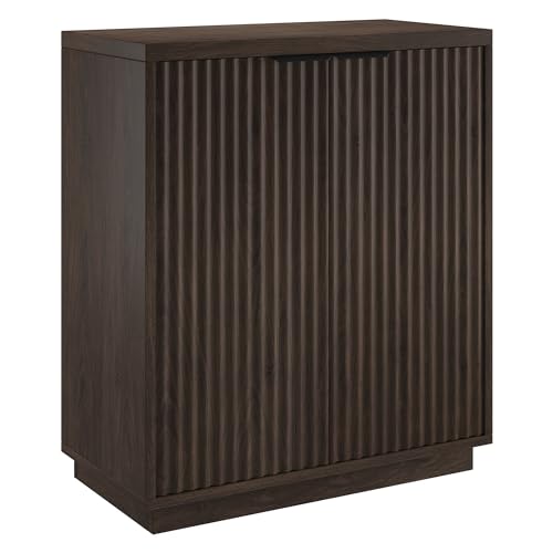 28" Fluted Wooden Accent Cabinet, Ribbed Modern Sideboard Buffet Cabinet with 2 Doors and an Adjustable Shelf for Living Room, Dining Room, Bedroom or Entryway, Rich Brown